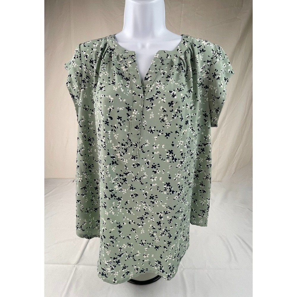 41 HAWTHORN WOMENS L PETITE MINT GREEN FLORAL SLEEVELESS BLOUSE SPLIT NECK TOP